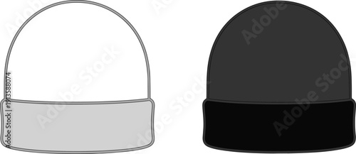 Cuffed beanie hat outline and solid color view, winter knit cap mockup, flat vector CAD drawing for headwear design template