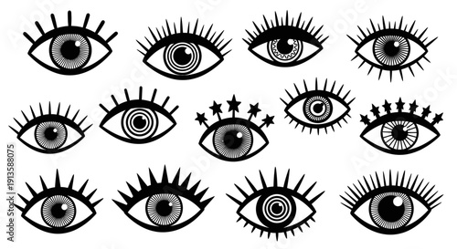 Collection of Stylized Black and White Evil Eye Symbols and Eye Graphics
