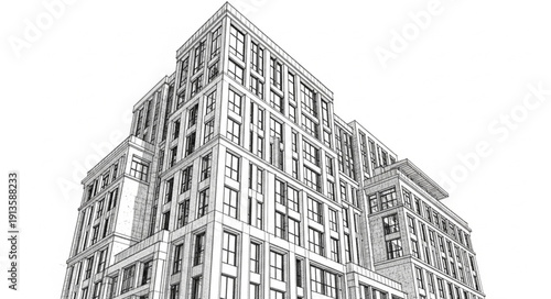 Detailed black and white illustration of a tall office building with many windows.