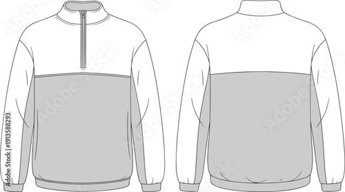 Half zip pullover sweatshirt front and back view, color block long sleeve mockup, flat vector CAD drawing apparel template