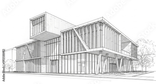 Modern architectural building design sketch with clean lines and minimalist style.