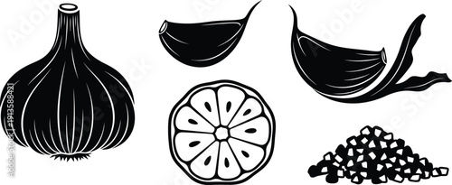 A pure black silhouette set featuring 3-5 distinct garlic-related elements: a whole bulb, a single clove, a peeled clove, a cross-section, and maybe a small pile of minced garlic (stylized). Arranged 