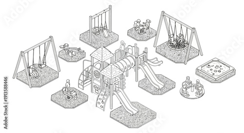 Children playground equipment set black and white line art.
