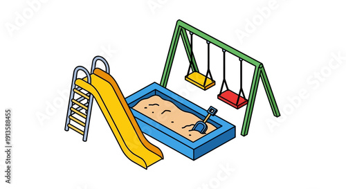 playground equipment for kids with sandbox and swings.