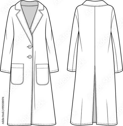 Long sleeve classic overcoat technical drawing, front and back view, fashion outerwear template, cad drawing flat vector illustration, isolated garment design for production