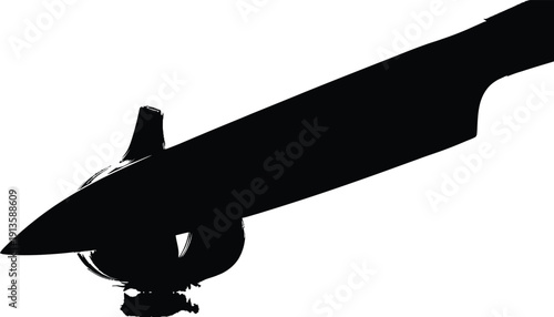 A pure black silhouette depicting a single garlic bulb or clove being sliced by a chef's knife, captured at the moment of impact or just after cutting. Focus on the dynamic interaction