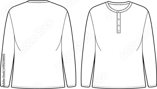 Long sleeve henley shirt front and back view with button placket, flat vector CAD drawing casual apparel design template