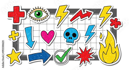 Vibrant Hand-Drawn Doodle Sticker Pack with Popular Symbols and Icons