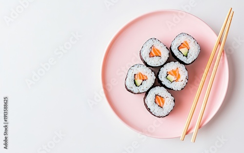 Fresh salmon and cucumber sushi rolls on a pink plate