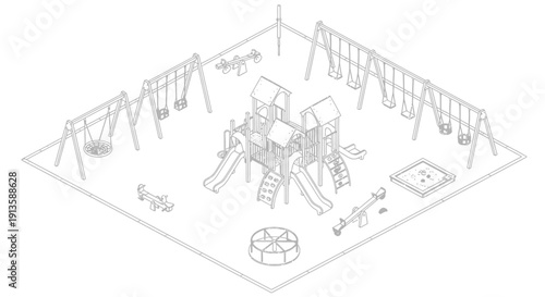 Playground layout plan with playhouse swings and climbing structure.