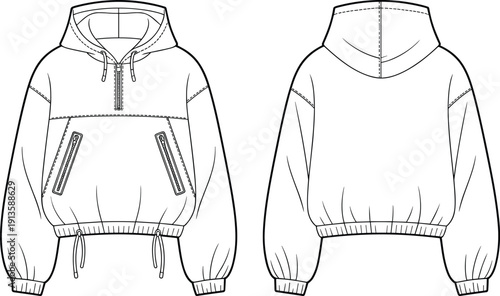 Long sleeve hooded sweatshirt technical drawing, front and back view, fashion apparel template, cad drawing flat vector illustration, isolated garment design for production