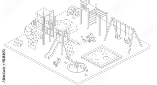 Children playground with play equipment swings slide and sandbox.