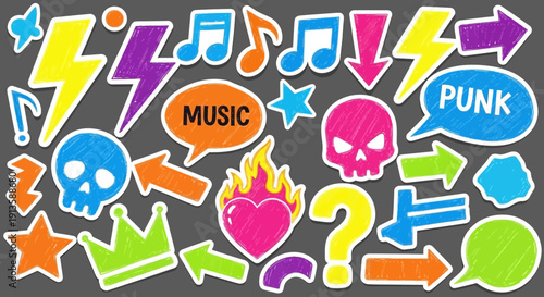 Collection of Colorful, Hand-Drawn Stickers with Music, Punk, and Skulls Motifs