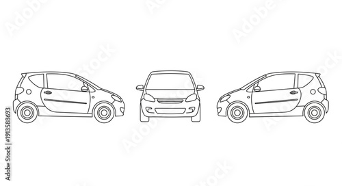 Three views of a compact car sketch.