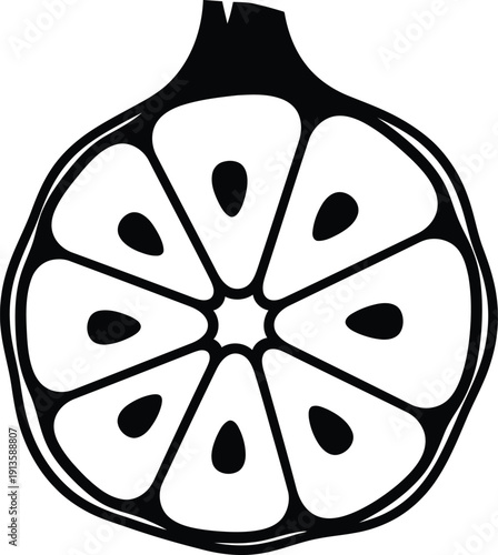 A pure black silhouette of a garlic clove cut in half, revealing a simplified, stylized cross-section pattern (like a star or simple concentric circles) representing its internal structure.
