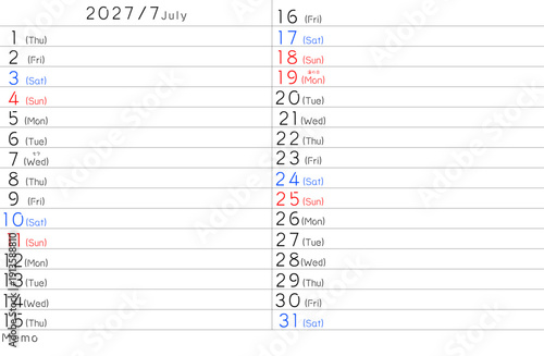 2027年シンプルカレンター　7月　曜日英語