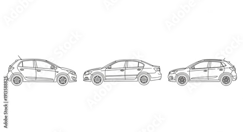 Three cars drawn in a sketchy artistic style on a white background.
