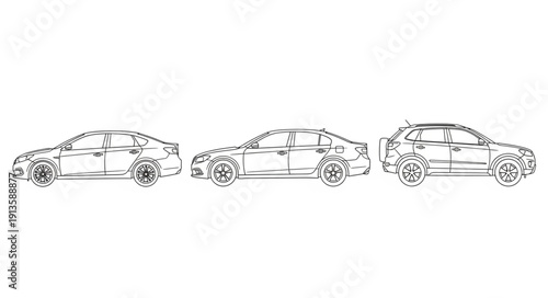 Three different car sketches in a row on white background.