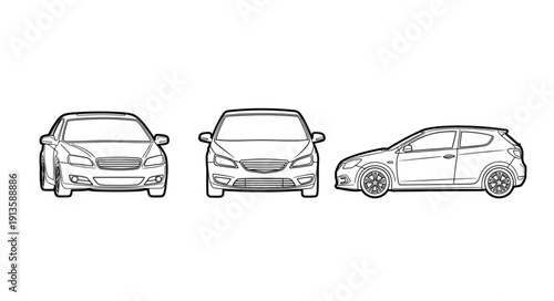 Three Hand Drawn Car Illustrations Showing Different Angles.
