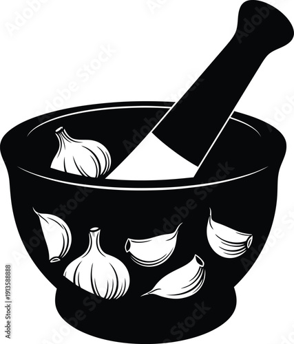 A pure black silhouette of a mortar and pestle, with several garlic cloves or crushed garlic explicitly shown within the mortar, implying the act of mashing or grinding.