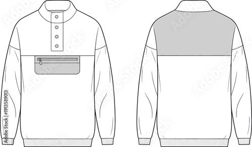 Long sleeve pullover sweatshirt technical drawing, front and back view, fashion apparel template, cad drawing flat vector illustration, isolated garment design for productionLong sleeve 