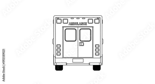 Ambulance vehicle rear view line drawing illustration.