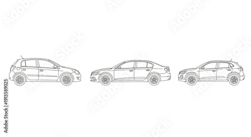 Three detailed car sketches in a row on a white background.