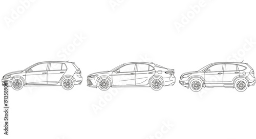 Three different car sketches in a row on white background.