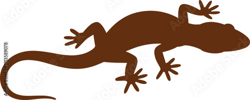Dark brown silhouette illustration of gecko lizard with long tail and spread toes, minimal wildlife design artwork for stock image use