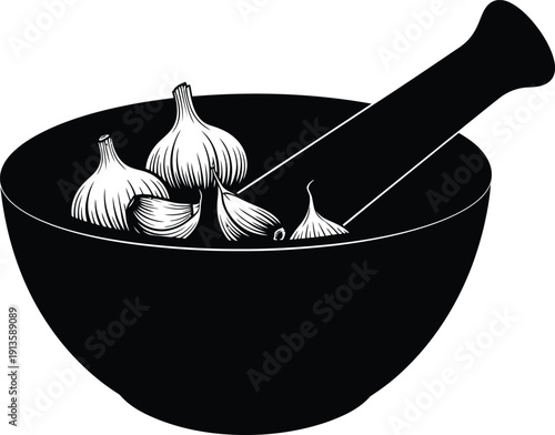 A pure black silhouette of a mortar and pestle, with several garlic cloves or crushed garlic explicitly shown within the mortar, implying the act of mashing or grinding.