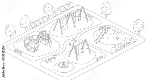 Children playground with swings and slides kids play area outline.