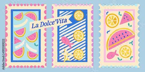 Colorful fruit themed postage stamps with la dolce vita text