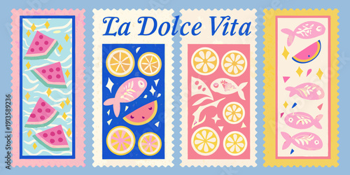 Colorful postage stamps featuring fruit and sea life illustrations