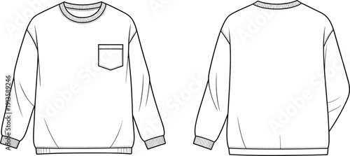 Long sleeve sweatshirt with chest pocket technical drawing, front and back view, fashion apparel template, cad drawing flat vector illustration for clothing production