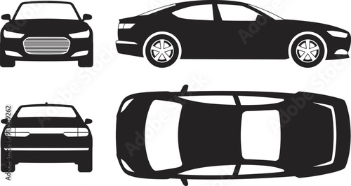 Black silhouette illustration of car in front, side, rear, and top views, automotive design concept artwork for stock image collection use
