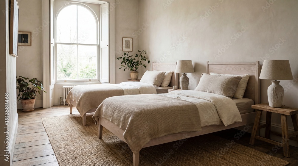 Fototapeta premium A serene bedroom features two twin beds with neutral linens wooden frames and bedside lamps set on hardwood floors with a rug near an arched window