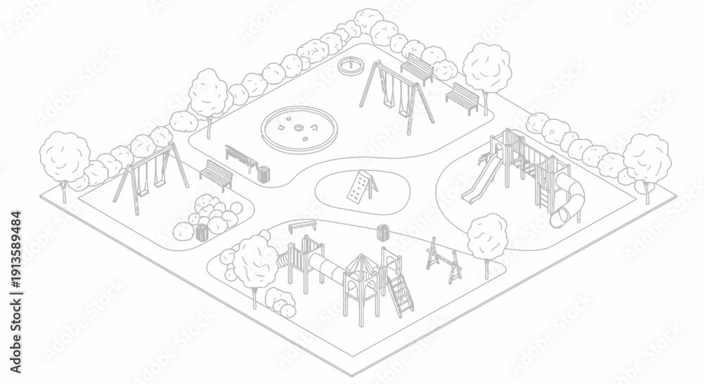 Fototapeta premium Children playing in playground with swings and slides.