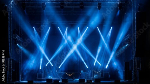 Dramatic Blue Stage Lighting with Sweeping Beams and Atmospheric Fog on Dark Concert Stage