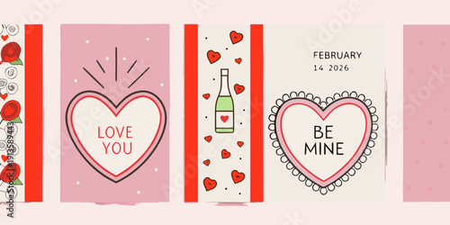 Valentine s day themed social media posts with hearts and romantic imagery