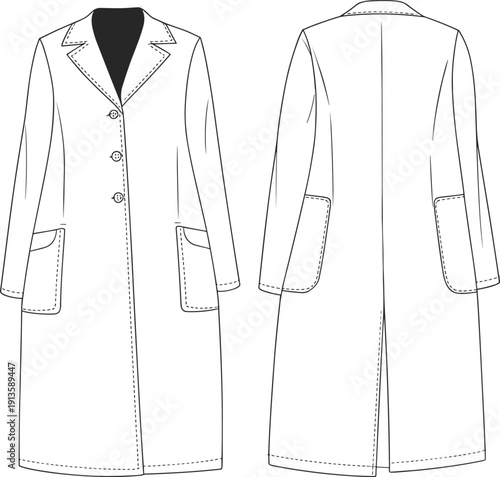 Long sleeve tailored coat technical drawing, front and back view, fashion outerwear template, cad drawing flat vector illustration, isolated apparel design for production use