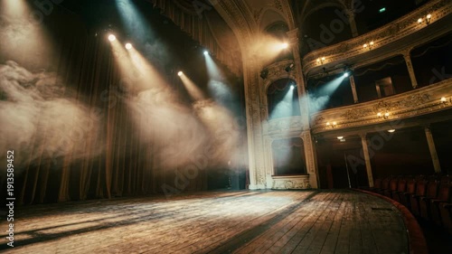Dramatic Empty Theater Stage Illuminated by Spotlights with Swirling Atmospheric Smoke and Vintage Architecture in Dark Auditorium