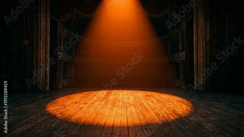 Dramatic Orange Spotlight Illuminating Old Wooden Stage Floor in Dark Vintage Theater with Falling Dust Particles and Ornate Architecture