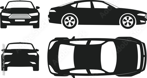 WBlack silhouette illustration of car in front, side, rear, and top views, automotive design concept artwork for stock image collection use