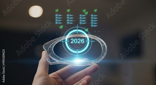 Hand holding futuristic display with 2026 and data, representing future technology and business growth.