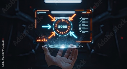 Human Hand Holding Digital Display with 2020 Target and Arrows.