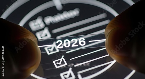 Close-up of a transparent screen displaying a digital checklist with the year 2026 prominently checked, held by two fingers.