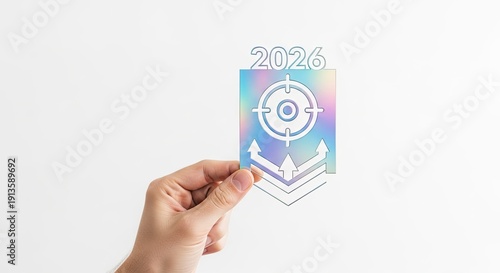 Hand holding a holographic 2024 achievement badge with a target icon.