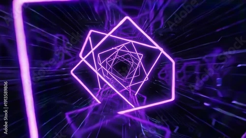 Futuristic Neon Purple Geometric Tunnel With Rotating Square Frames Flying Through A Dark Digital Sci-Fi Space Background With Glowing