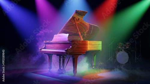 Grand Piano on Dark Stage Illuminated by Vibrant Purple Red and Green Spotlights with Fog and Drum Set in Background