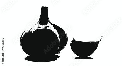  A pure black silhouette depicting a whole garlic bulb with one individual clove clearly separated and positioned slightly apart, illustrating the process of preparation